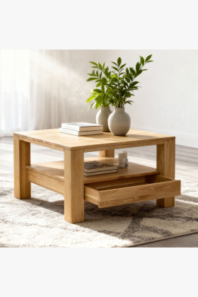 Drevený dubový konferenčný stolík s poličkou